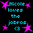 Pixelated cyan text reads "Nicole loves the jobros <3" surrounded by pink star shapes on a black background.