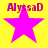 Four identical pink star icons arranged in a on yellow background, each with purple text "AlyssaD" above it
