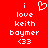 Red background with white pixelated text and symbols: 'i love keith baymer <33' on left, identical text without heart symbol on right.