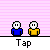 Pixel art animation of two figures in blue and yellow shirts performing tap dance moves with visible text labels beneath each frame.