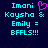 Pixelated cyan text on dark blue background with pink heart symbol replacing ampersand in 'Kaysha & Emily' phrase.