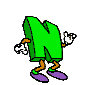 Green 3D letter N character with brown limbs and purple shoes in multiple poses against gray background.