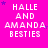 A bright pink background displays repeated white text reading "HALLE AND AMANDA BESTIES" with scattered purple stars, arranged in a of nine identical sections