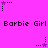 Pixelated pink background with repeated 'Barbie Girl' text and alternating star icons in purple and dark blue.