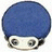 Blue-haired character with large eyes and a small mouth on a white background, next to black with white text