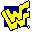 Four pixelated yellow shapes on blue backgrounds with black outlines, arranged in a against gray backdrop