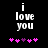 Pixelated text 'i love you' in white on black background with pink and purple heart symbols below.