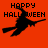 Pixelated orange background with black text 'HAPPY HALLOWEEN' and a witch silhouette on broomstick in motion.
