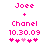 Pixelated pink text and symbols on white background with two identical frames showing 'Joe' above '+' then 'Chanel', date, and five heart icons.