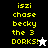 Yellow pixelated text 'iszi chase becky the 3 DORKS!' on black, white, and gray backgrounds with a star cursor changing from white to black.