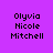 Pixelated text displays 'Olyvia Nicole Mitchell' on a purple background with pink highlight bars shifting