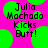 Pixelated text on a bright pink background with green circular shapes, reading "Julia Machado Kicks Butt!" in black block letters.
