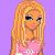 Pixelated image of a blonde female character with long hair, blue eyes, and pink clothing against a purple background.