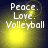 Four identical display white text 'Peace. Love. Volleyball' over a yellow gradient background with subtle circular light effects