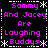 Pixelated text in bright pink on black background with white decorative borders, repeating 'Sammy And Jacey Are Laughing Buddys' in two vertical