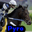 A horse racing scene with a jockey in blue and white silks riding a dark brown horse, overlaid with text elements.
