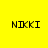 Yellow background with four black 'NIKKI' text blocks and pink rectangular overlays in different positions.
