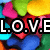 Pixelated image with bold text 'LOVE' in white letters outlined in black, surrounded by colorful heart shapes and a rainbow gradient background.