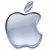 Three Apple logo icons in silver, blue, and green with glossy effects on white background.