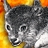 Pixelated grayscale wolf head with black eyes and nose against a yellow-orange gradient background.