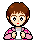 Pixelated character with brown hair and pink jacket holds white rectangular object against gray background.