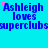 Blue background with repeated text 'Ashleigh loves superclubs' and pink stars, showing animation changes in star positions.