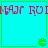 Four cyan squares with green borders, each containing red pixelated text and a green Pac-Man-like icon at the bottom center.