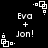 Black background with white pixelated text 'Eva + Jon!' and four rotating square icons in corners.
