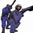 Two pixelated figures in blue outfits hold a long black pole, one figure extends an arm forward while the other grips the pole from behind.