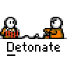 Animated contact sheet of a pixel art character in orange jumpsuit performing actions with speech bubbles and explosion effects on gray background.