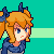 Pixel art character with orange hair and blue eyes, wearing a blue top against a teal background with a light green horizontal stripe.