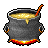 Pixelated cauldron with golden liquid, orange-red handle, and flame base on gray background.