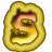 A 48x48 pixel animated buddy icon featuring a yellow, rounded letter B with internal orange and green gradients on the left, transitioning to scattered gray alphanumeric characters on the right across two sampled frames.