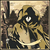 Animated figure in hooded cloak with shifting light patterns, holding scythe-like object against muted landscape background.