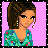 Pixelated icon of a woman with brown braided hair wearing a green floral top, standing against pink background.
