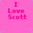 A static image with a bright pink background featuring repeated text "I Love Scott" in bold magenta letters, scattered cyan dots, and a solid gray rectangle at the bottom right.