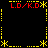 A static pixel art icon with a black background, yellow dotted borders, and red text "L.D./K.D." repeated in four positions, surrounded by yellow asterisks and dotted lines.