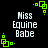 Pixelated text "Miss Equine Babe" in white on black background with green square-cornered decorative elements.