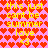 Pixelated image with repeating text and heart patterns in pink and red tones.