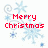 Pixelated holiday-themed icon with red text 'Merry Christmas' over light blue snowflakes on white background.