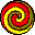 Four identical pixelated spiral lollipops arranged in a 2x2 contact sheet with red, yellow, and green stripes on black outlines against gray background.