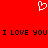 Red background with white pixelated heart symbol above black text reading "I LOVE YOU I LOVE YOU" in two repeated segments.