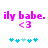 Pixelated text 'ily babe.' with heart symbol '<3' and blue star-like shapes on white background, showing animation change in star arrangement.