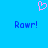 A static pixel art image with a bright blue background, pink heart symbol at top center, and two identical 'Rawr!' text elements in dark blue below.