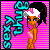 Pixel art icon of a stylized female character with orange skin and black hair in a high ponytail, wearing a white headband with pink accents, standing against a bright pink striped background next to large cyan text.