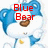 Blue and white cartoon bear with brown nose, yellow collar tag, red text overlays reading 'Blue Bear', 'Is So', and 'CUTE!!!' on a pixelated background.