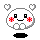 Pixelated white circular character with black square eyes, red cross-shaped cheeks, and four rounded feet on gray background; two heart shapes float above head.