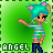Pixel art character with teal hair and pink cat ears in striped shirt and dark pants, shown in six repeated poses with varying eye expressions against green background.