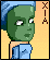 Pixelated cartoon avatar with green skin and blue dress, showing facial expression changes