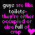 Pixelated text-based animation with pink and white lettering on black background, featuring repeated phrase about guys being like toilets alongside heart symbols in different frames.